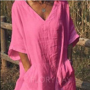 Medium Casual Pink Tunic V-Neckline Shift Dress